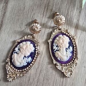 Vintage Style Purple Cameo Drop Earrings with a gold-tone setting